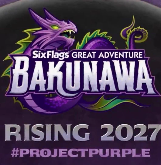 Six Flags Great Adventure Bakunawa announcement graphic with purple dragon logo and 2027 launch wording